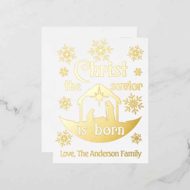 Christian Christmas Nativity Christ Savior is Born Foil Holiday Postcard (Front/Back)