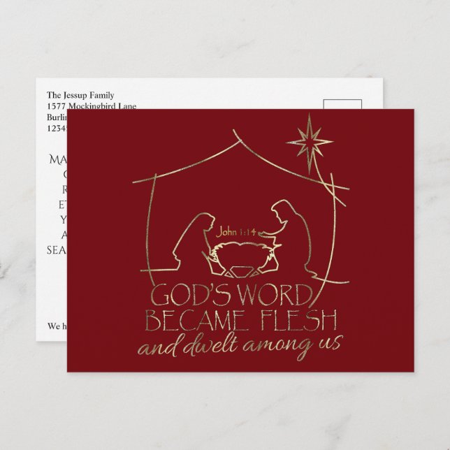 Christian Christmas Nativity Scripture Elegant Red Holiday Postcard (Front/Back)