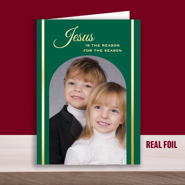 Christian Christmas Photo Emerald Green Gold Foil Greeting Card (Creator Uploaded)