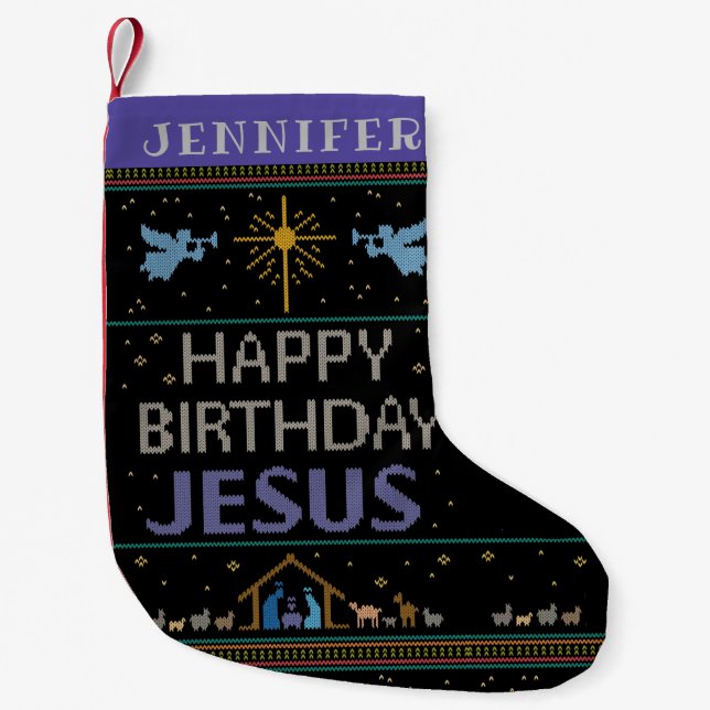 Christian Christmas Sweater Happy Birthday Jesus Small Christmas Stocking (Front)