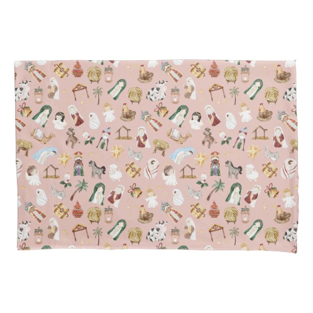 Christian Christmas Watercolor Nativity Pink Pillow Case (Front)