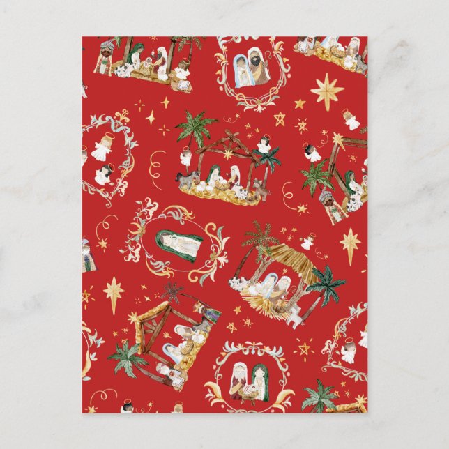 Christian Christmas Watercolor Nativity Red Holiday Postcard (Front)