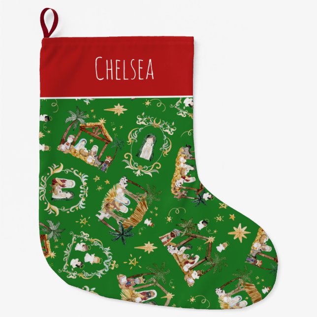 Christian Christmas Watercolor Nativity Red Large Christmas Stocking (Front)
