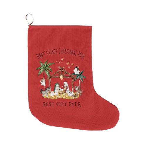 Christian Christmas Watercolor Nativity Red Large Christmas Stocking