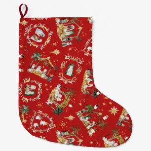 Christian Christmas Watercolor Nativity Red Large Christmas Stocking