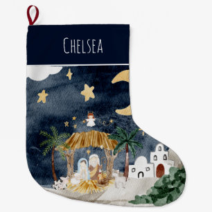 Christian Christmas Watercolor Nativity Red Large Christmas Stocking