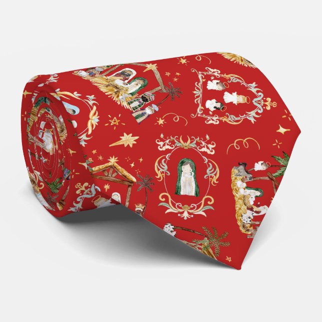 Christian Christmas Watercolor Nativity Red Neck Tie (Rolled)