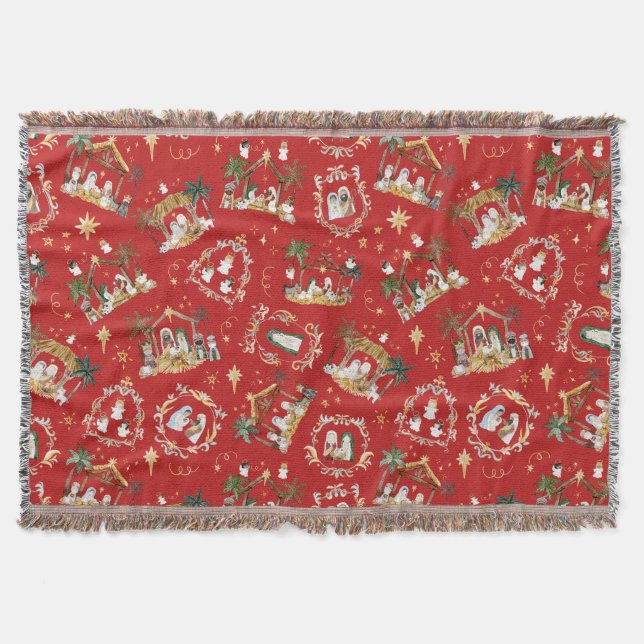 Christian Christmas Watercolor Nativity Red Throw Blanket (Front)