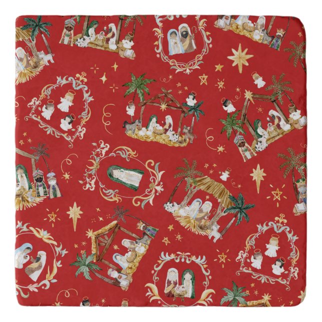 Christian Christmas Watercolor Nativity Red Trivet (Front)