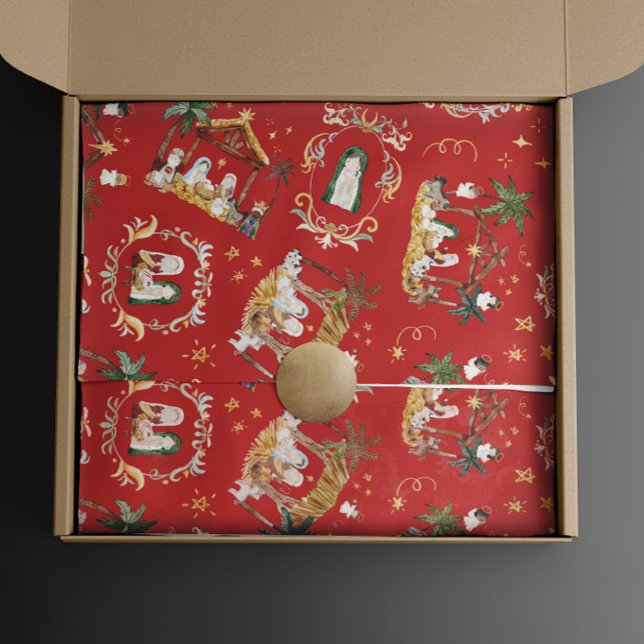 Christian Christmas Watercolor Nativity Red Wrapping Paper (Creator Uploaded)