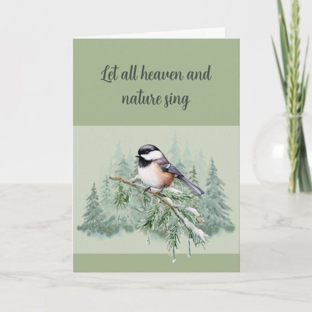Christian Christmas Winter Spruce Tree Chickadee Holiday Card (Front)
