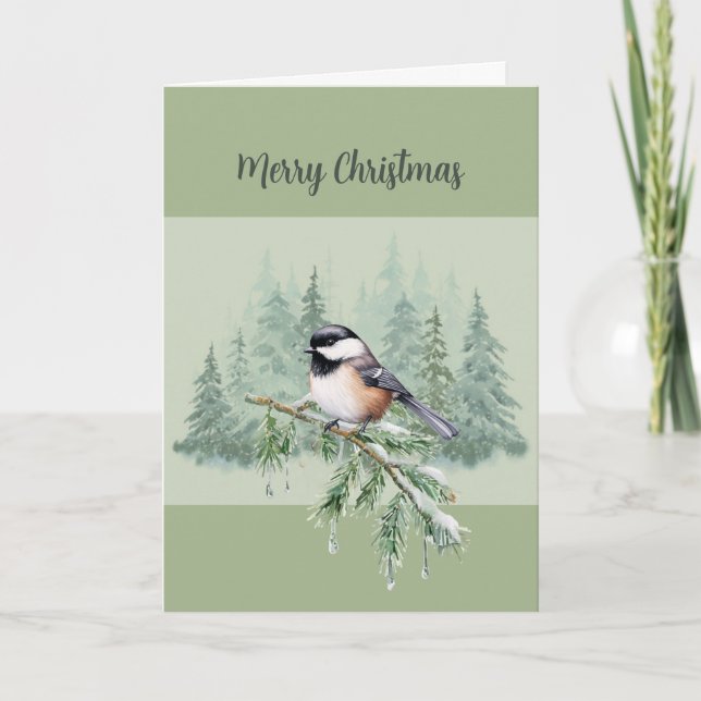 Christian Christmas Winter Spruce Tree Chickadee Holiday Card (Front)