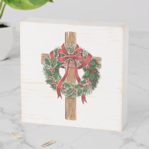 Christian Christmas Wooden Cross with Holly Wreath Box Sign