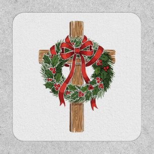 Christian Christmas Wooden Cross with Holly Wreath Patch