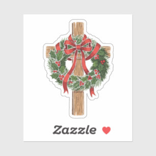 Christian Christmas Wooden Cross with Holly Wreath Sticker