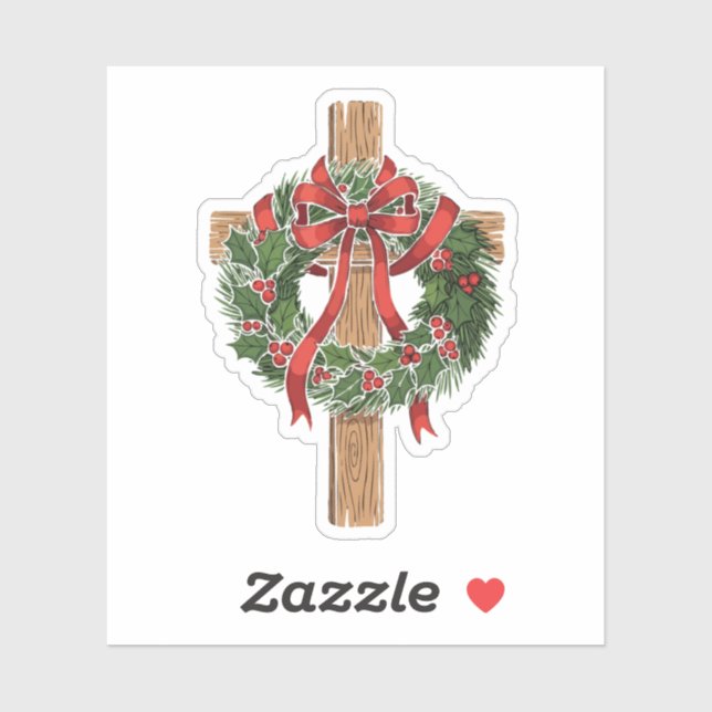 Christian Christmas Wooden Cross with Holly Wreath Sticker (Sheet)