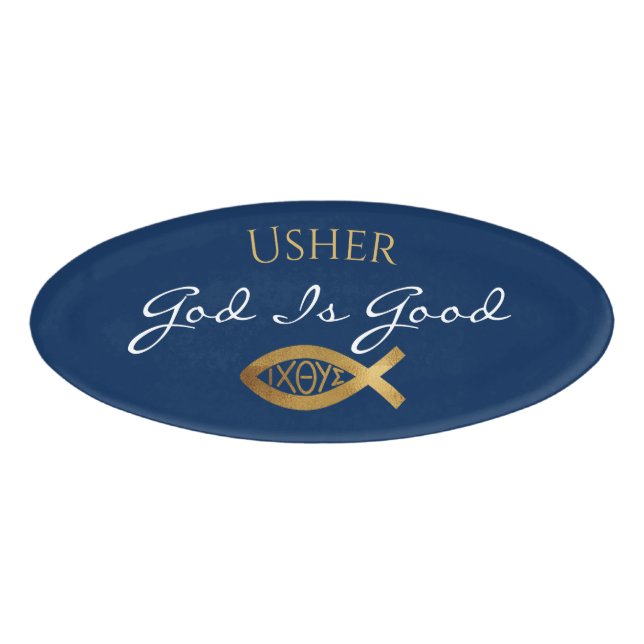 Christian Church Ministry Usher Ichthys Blue Name Tag (Front)
