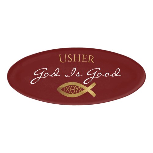 Christian Church Ministry Usher Ichthys Red Name Tag