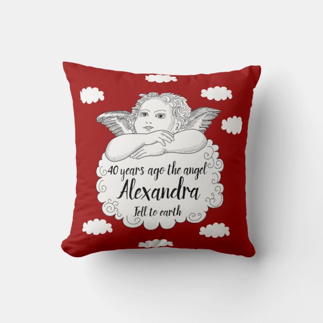 Christian Cloud Angel Happy 40th Birthday Red Throw Pillow (Front)