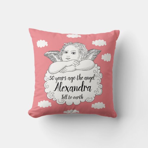 Christian Cloud Angel Happy 50th Birthday Pink Throw Pillow