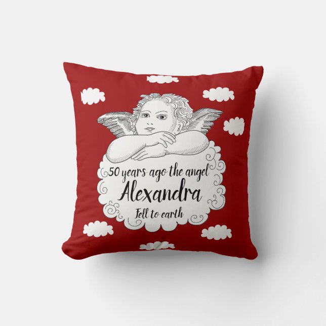 Christian Cloud Angel Happy 50th Birthday Red Throw Pillow (Front)