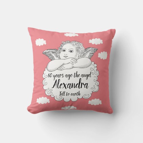 Christian Cloud Angel Happy 60th Birthday Pink Throw Pillow