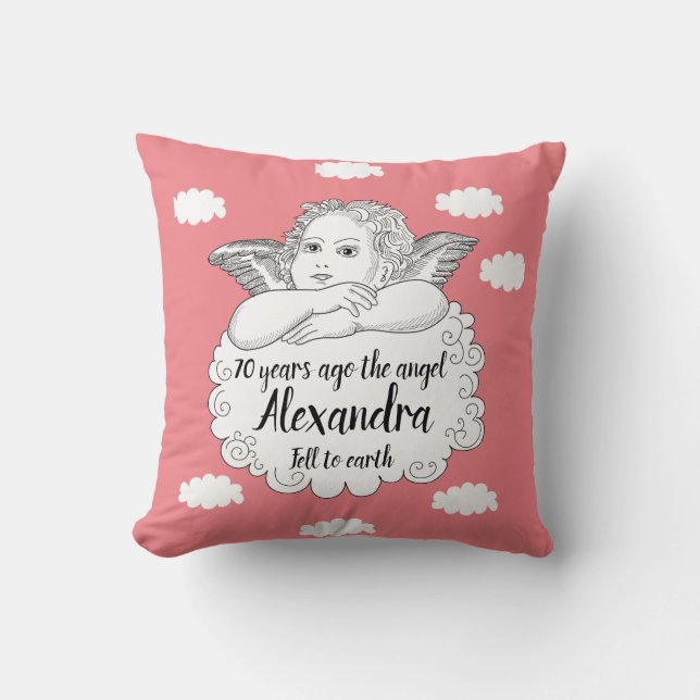 Christian Cloud Angel Happy 70th Birthday Pink Throw Pillow (Front)