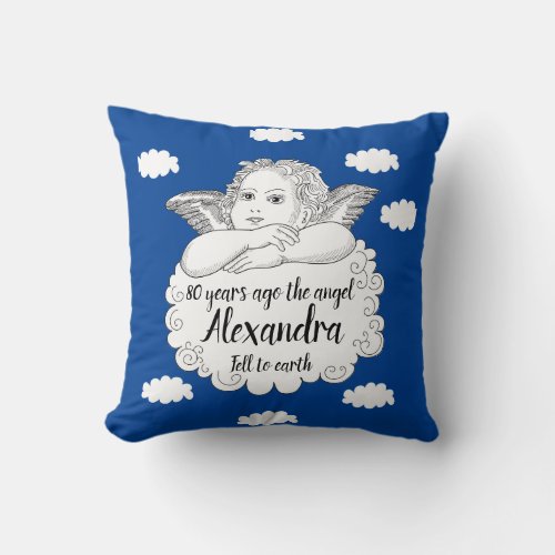 Christian Cloud Angel Happy 80th Birthday blue Throw Pillow