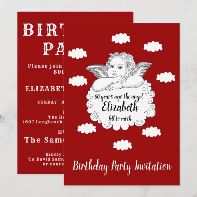 Christian Cloud Angel Happy 80th Birthday Red Invitation (Front/Back)