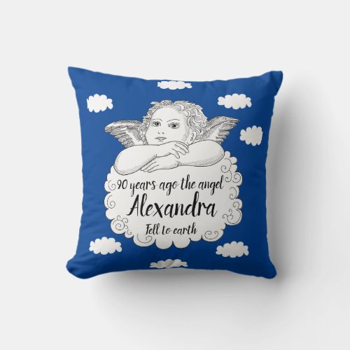 Christian Cloud Angel Happy 90th Birthday Blue Throw Pillow