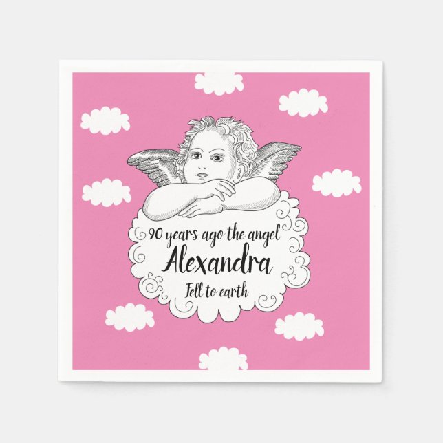 Christian Cloud Angel Happy 90th Birthday Pink Napkins (Front)