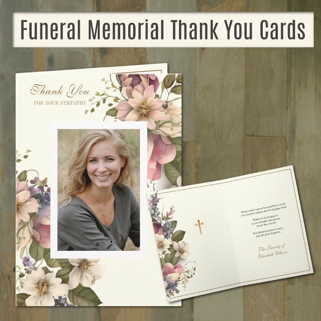 Christian Condolence Floral Photo Appreciation Thank You Card (Christian Floral Funeral Memorial Thank you Appreciation Cards)