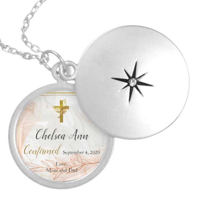 Christian Confirmation Cross and Dove Personalized Locket Necklace (Front)