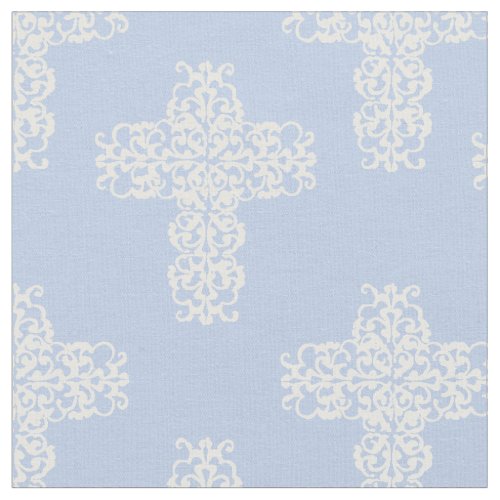 Christian Corss White on Blue Damask Pattern Fabric