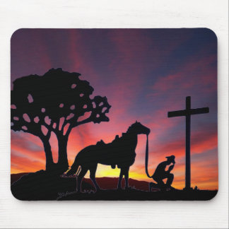 Christian Cowboy horse praying at the cross sunset Mouse Pad