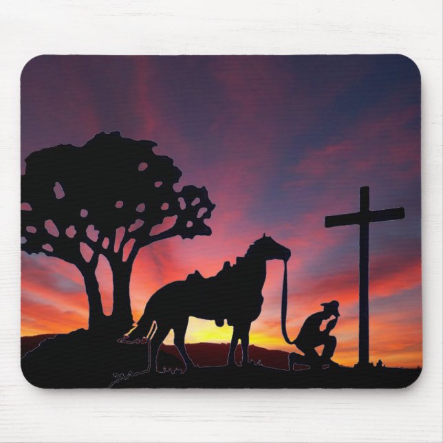 Christian Cowboy horse praying at the cross sunset Mouse Pad (Front)