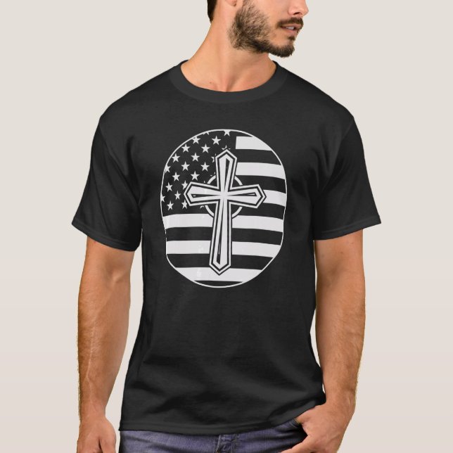 Christian Cross   American Flag   Proud Believer   T-Shirt (Front)