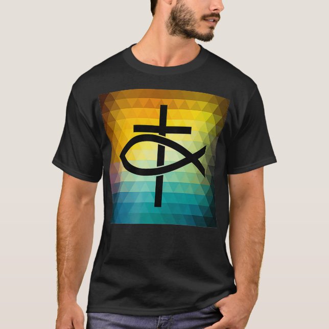 Christian Cross and Jesus Fish Symbol  T-Shirt (Front)
