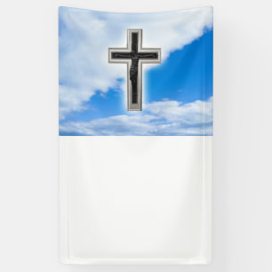 Christian cross at blue sky background banner