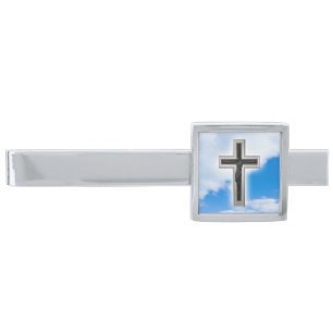 Christian cross at blue sky background silver finish tie bar