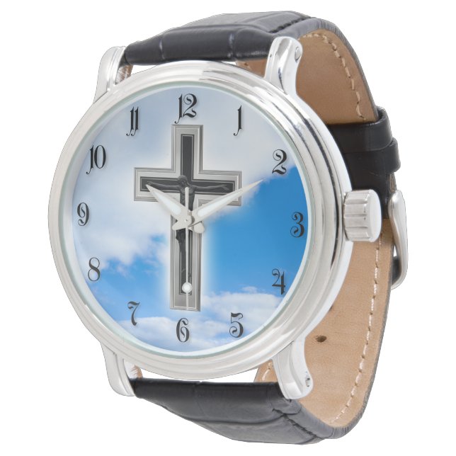 Christian cross at blue sky background watch (Angled)