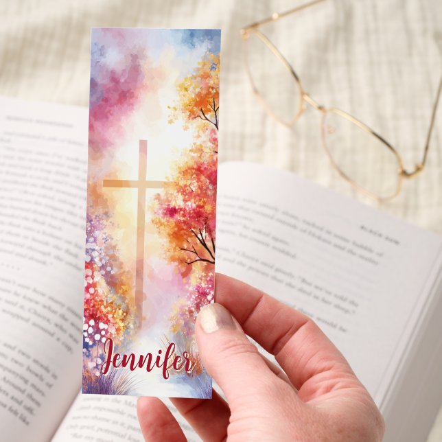 Christian Cross Autumn Path Personalized Bookmarks (Hand)
