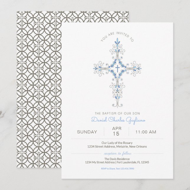 Christian Cross Baby Boy Baptism Invitation (Front/Back)