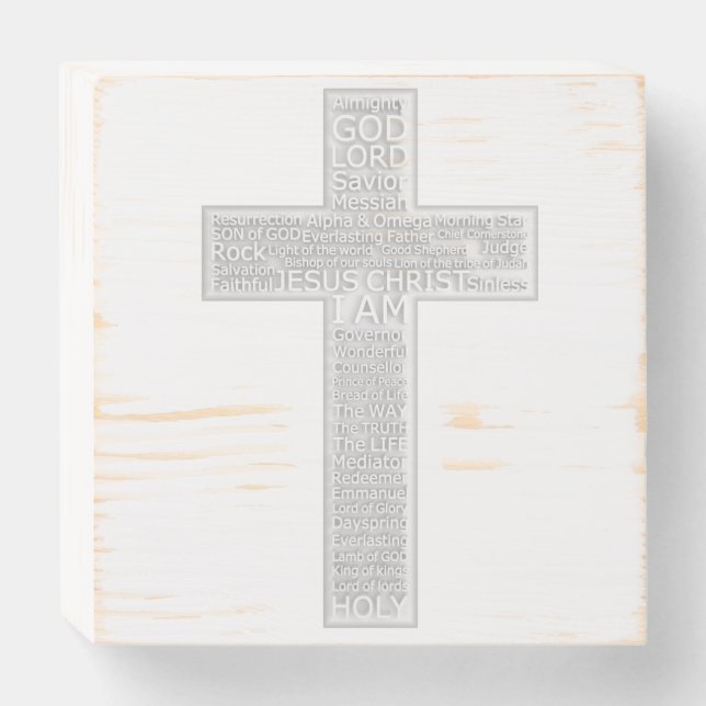 Christian Cross Biblical Names of Jesus Christ Wooden Box Sign (Front Horizontal)
