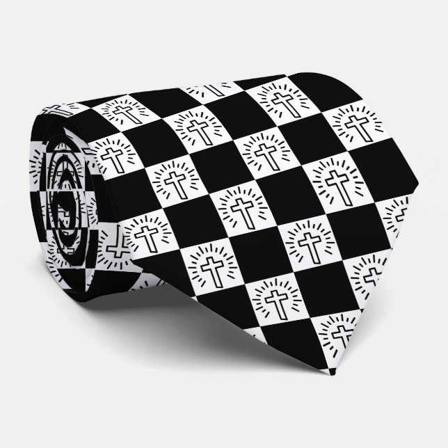 Christian Cross Black and White Neck Tie (Rolled)