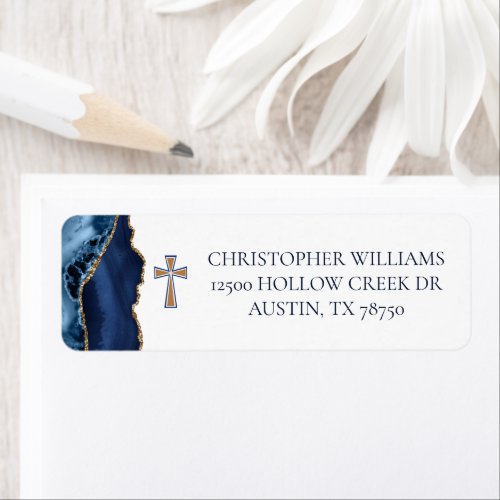Christian Cross Blue Gold Agate Return Address Label