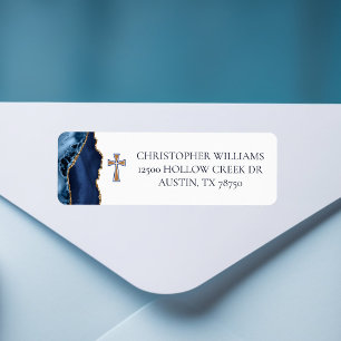 Christian Cross Blue Gold Agate Return Address Label
