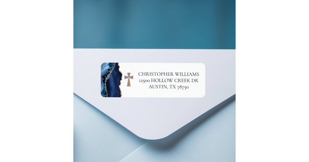 Christian Cross Blue Gold Agate Return Address Label | Zazzle