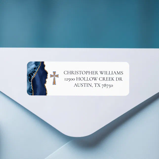 Christian Cross Blue Gold Agate Return Address Label | Zazzle