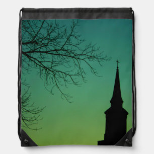 Christian Cross Church Steeple at Twilight Drawstring Bag